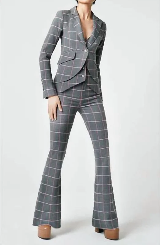 Women's Bootcut Pant In Grey/pink Windowpane Trendy Velvet Pants