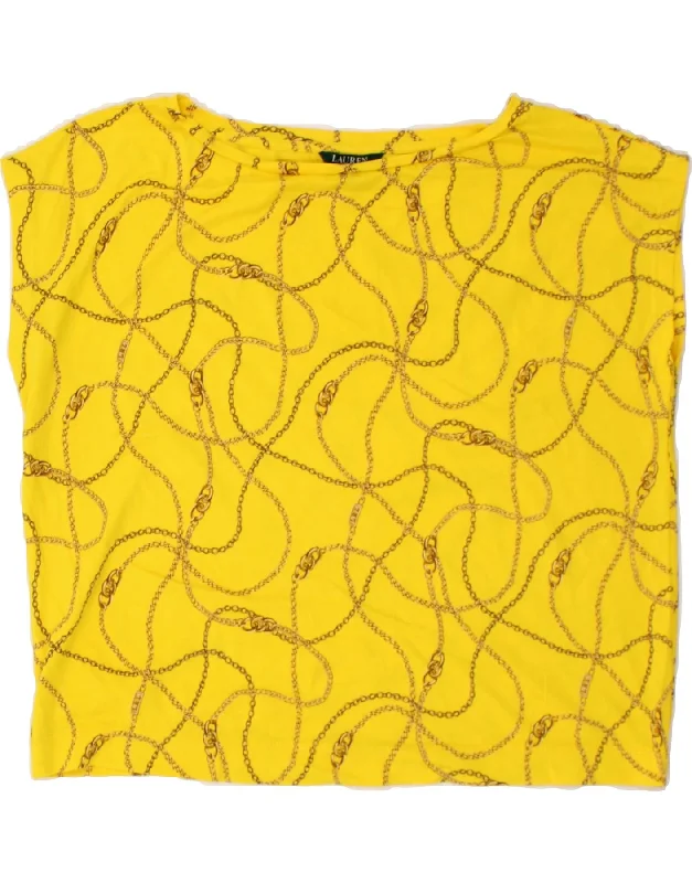 RALPH LAUREN Womens Abstract Pattern Crop Top UK 18 XL Yellow Cotton Real Fur Shearling Chenille