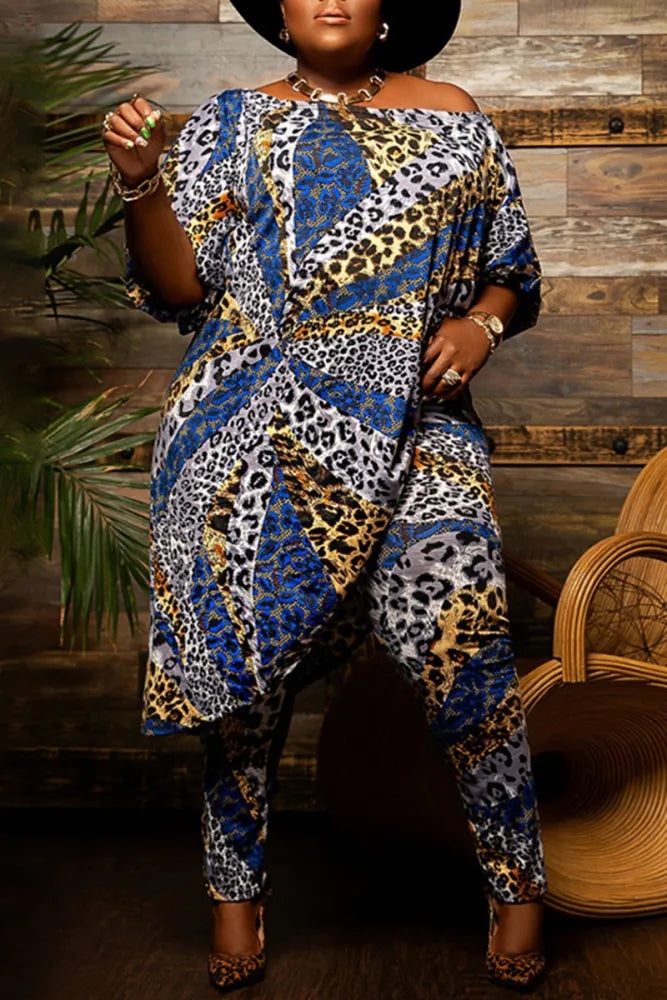 Beautiful Plus Blue Multicolor Animal Print 2pc Tunic Top & Pant Set Elegant High-Waist Pants