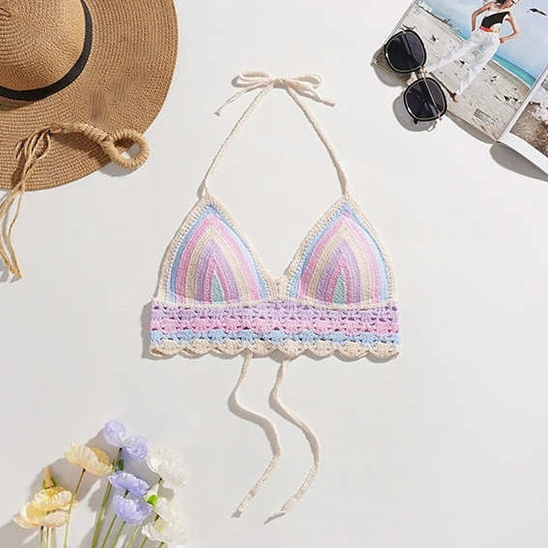 Women's Swimsuit Handmade Crochet Crop Top Bohemian Style Summer Bikini Top Knitted Beach Wear Female Bathing Suit Beachwear Ribbed Striped Patterned