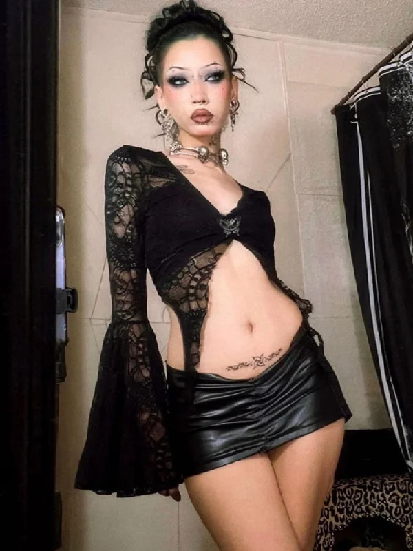 Goth Dark Butterfly Sexy Bodycon Fit Irregular Hem Crop Tops Gothic Style Flared Sleeve Open Navel Lace Y2k Tops Vintage Clothes Hooded Caped Shawl Collar