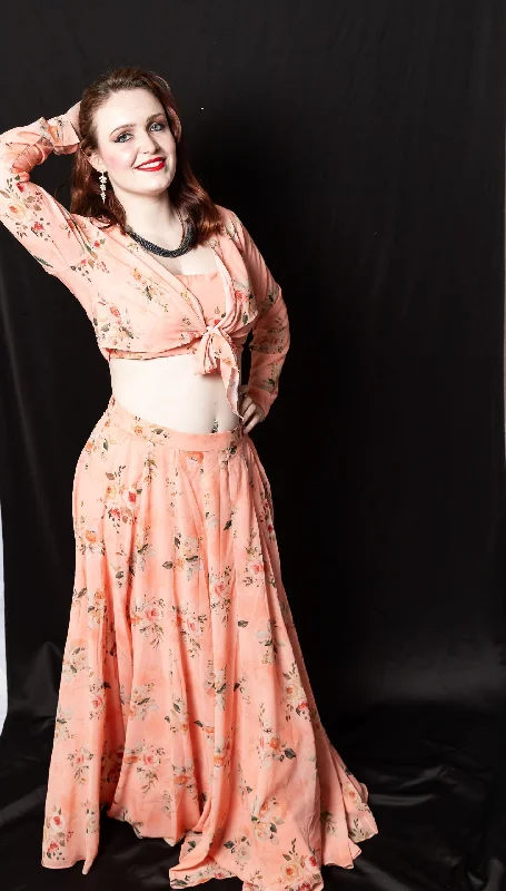 Peach Color Georgette Printed Crop top - Rent Zippered Front Buttoned Front Snap Front