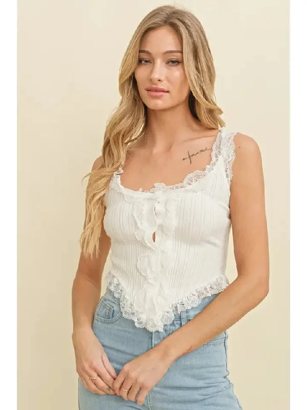 Lace Trim Crop Top Cashmere Blend Cotton Blend Poly Blend