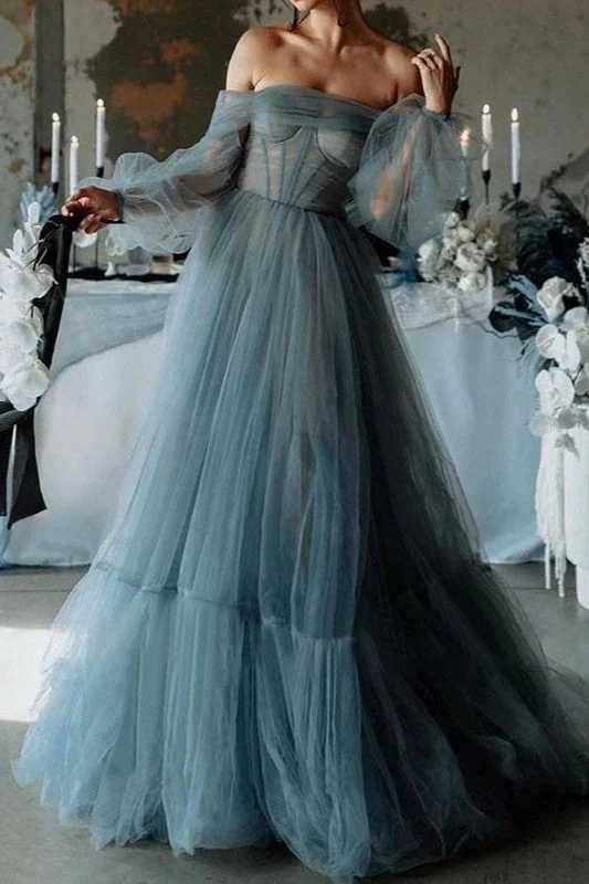 Long Sleeves Off The Shoulder Prom Dresses Floor Length Tulle Party Dresses sweetheart Neckline Romantic