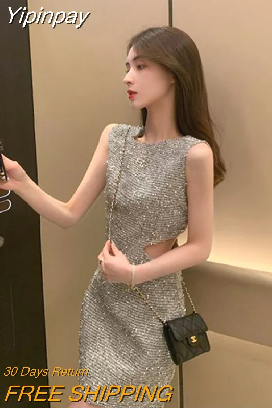 Yipinpay Dresses Korean Fashion New In Dresses High-end Shiny Party Dresses Cut-out Design Dresses for Women 2023 Prom Dresses Tunics Lace romantic