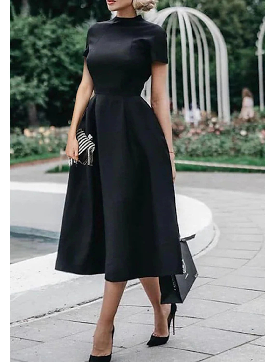 A-Line Wedding Guest Dresses Minimalist Dress Party Dress Wedding Party Tea Length Short Sleeve High Neck Stretch Satin with Pleats Pure Color Tunics stripes playful