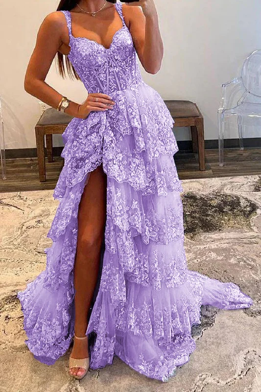 Off the Shoulder Tiered Prom Dress Sparkly Lace Appliques Evening Party Dress with Slit Boat Neckline Classic