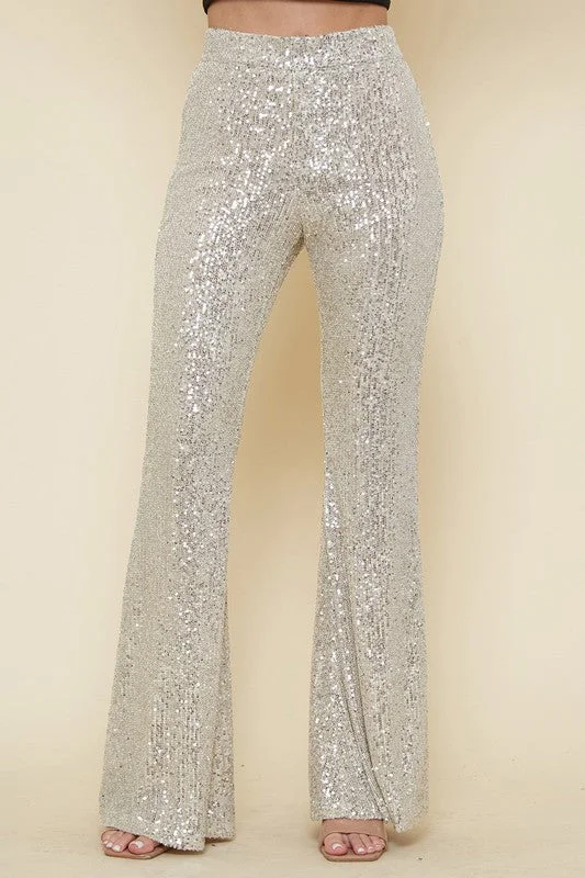 Times Square Champagne Sequin Flare Pants Casual Track Pants