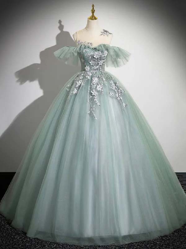 Cute Tulle Lace Long Prom Dress, A-Line Scoop Neckline Off Shoulder Evening Party Dress Tunics Prom sequined