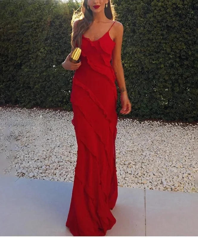Ruffles Chiffon Backless Split Maxi Red Christmas Party Dress Tunics Practical easy-care