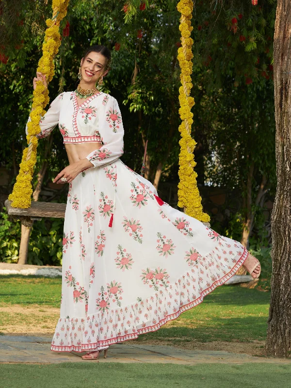 Women Off White Floral Puff Sleeves Crop Top With Skirt Nylon Fabric Polyester Fabric Spandex Fabric