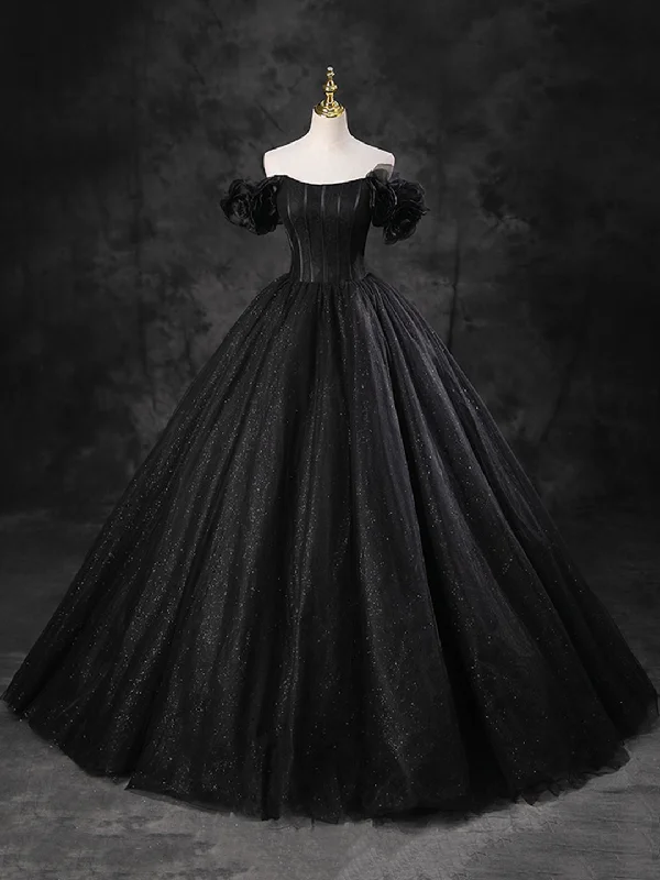 Black Sparkly Tulle Off the Shoulder Long Formal Dress, Elegant A-Line Black Evening Party Dress Sequined Elegant Party