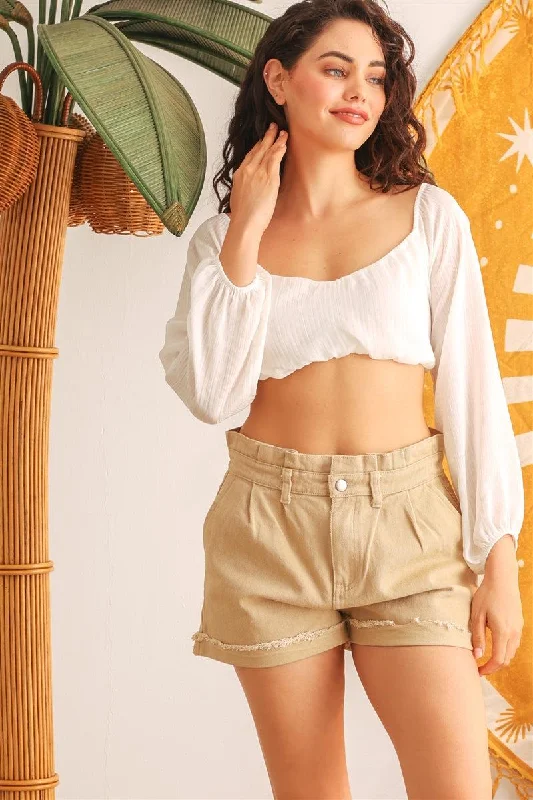 Ivory Puff Long Sleeve Crop Top Satin Fabric Silk Fabric Chiffon Fabric