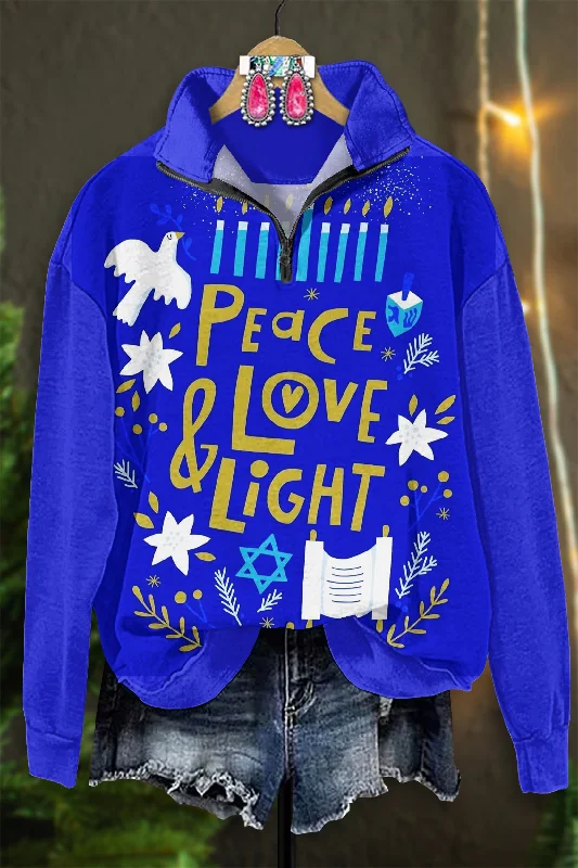 Pretty Hanukkah Print Zip-Up Sweatshirt Hoodie with Ribbed Hem Stretchable Secure