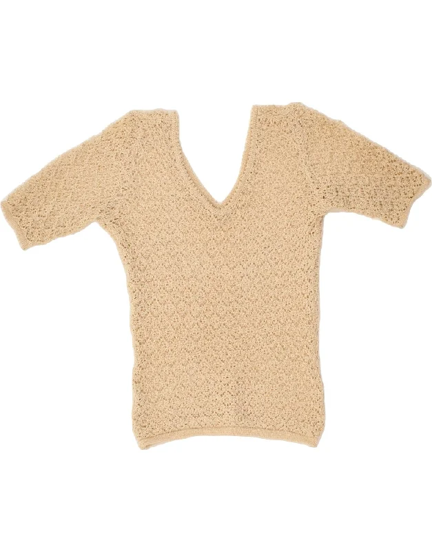 VINTAGE Womens Crochet Crop Top UK 14 Large Beige Beaded Sequined Faux Fur