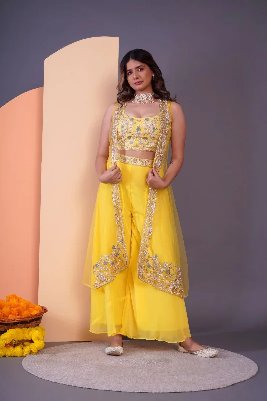 Yellow Embroidered Crop Top & Sharara Set - Rent Print Jacquard Patchwork