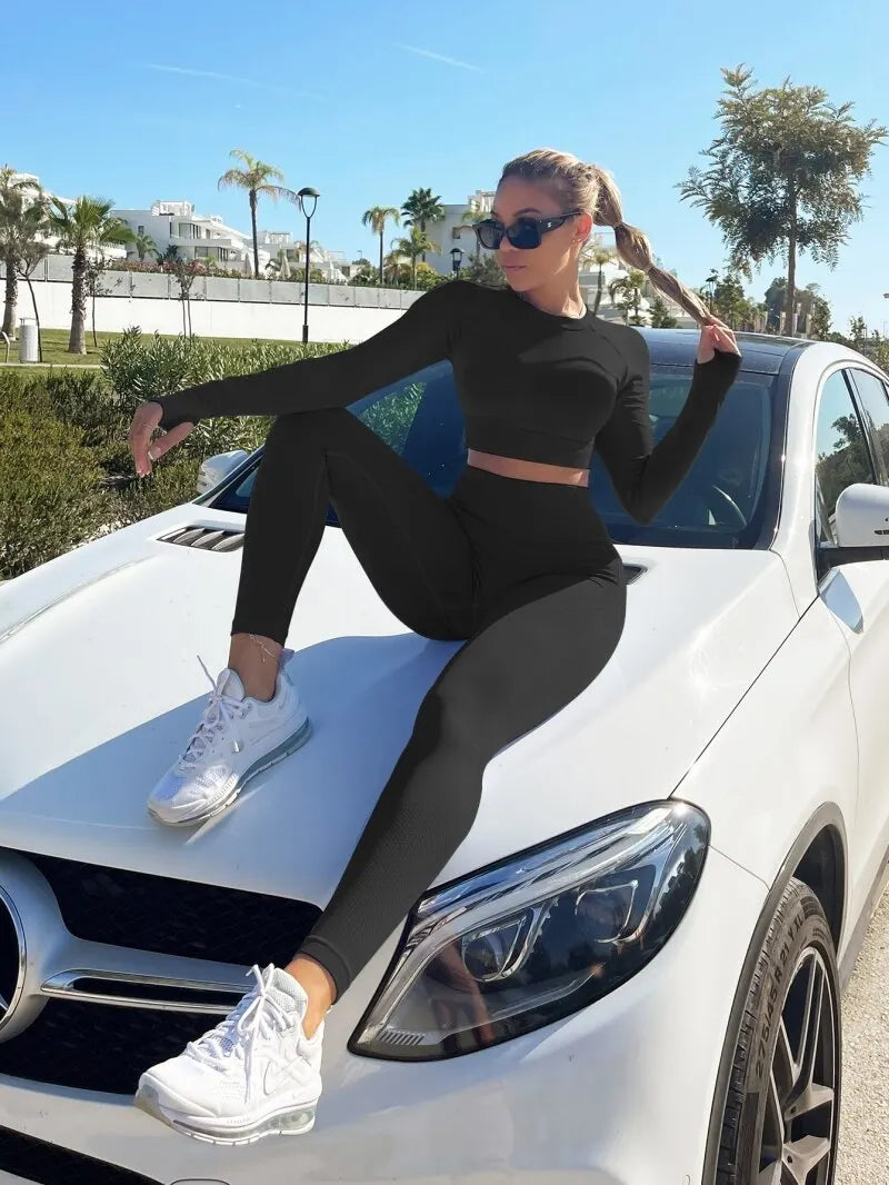 Women Yoga Sets Workout 2 Pieces Seamless Sportswear Gym Clothing Tracksuit Long Sleeve Crop Top High Waist Leggings for Fitness Mesh Canvas Denim