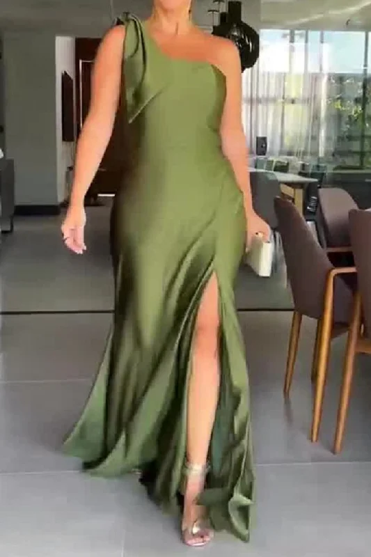 Elegant Olive Green One Shoulder Party Dresses Mermaid Prom Dresses empire Waist empire