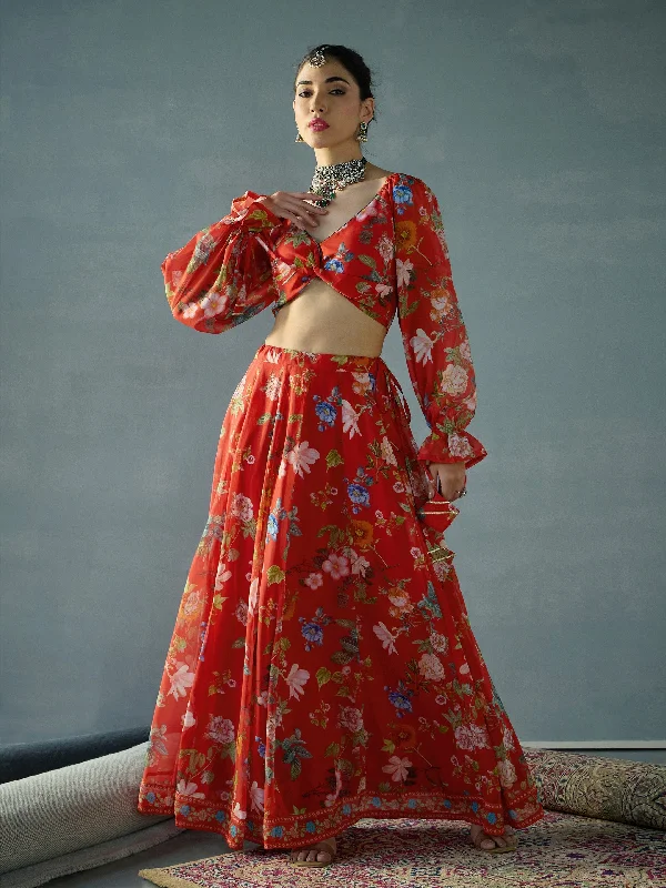 Women Red Floral Back Smocking Crop Top With Anarkali Skirt Spandex Blend Rayon Blend Denim Blend