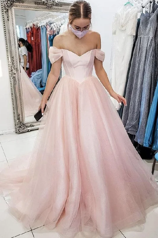 Light Pink Off The Shoulder A Line Simple Party Dresses Long Tulle Prom Evening Dresses Tunics Stylish elegant