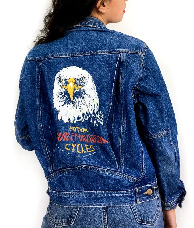 80s vintage "Harley Davidson" customized denim jacket Oversized Jacket Tailored Jacket Straight Jacket