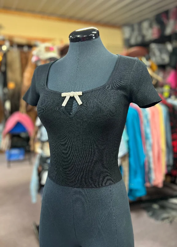 Black Bow Ribbed Crop Top Crop Top Seamless Stretchy