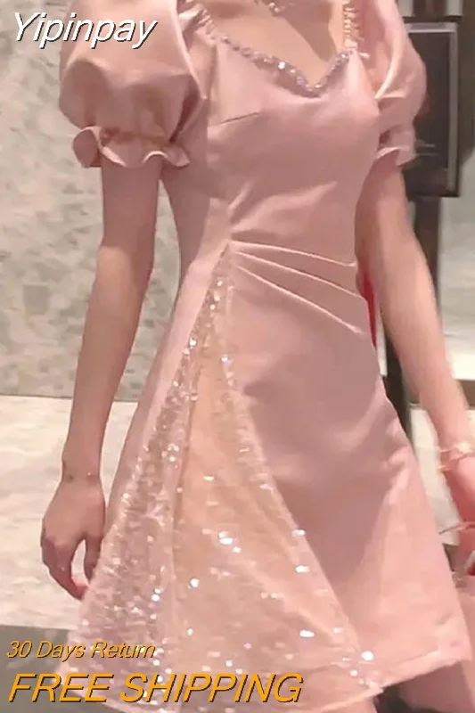 Yipinpay Chic Mini Sequin Dress Women Vintage V-neck Luxury Evening Dress Female Elegant Lace Patchwork Prom Party Dress 2023 Tunics Lace romantic