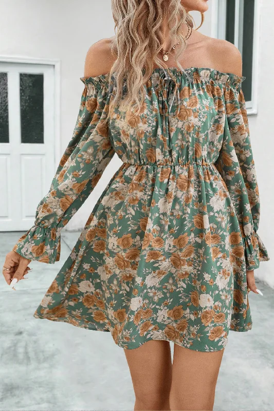 Blue Zone Planet |  Floral Off-Shoulder Flounce Sleeve Dress Tunics Fall fleece