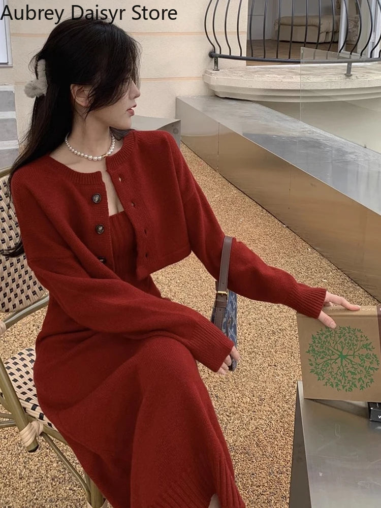 Yipinpay Red Knitting Dress Women Korean Fashion Office Lady Two Piece Dress Female Winter Warm Casual Christmas Party Dress 2023 Tunics Print Colorful