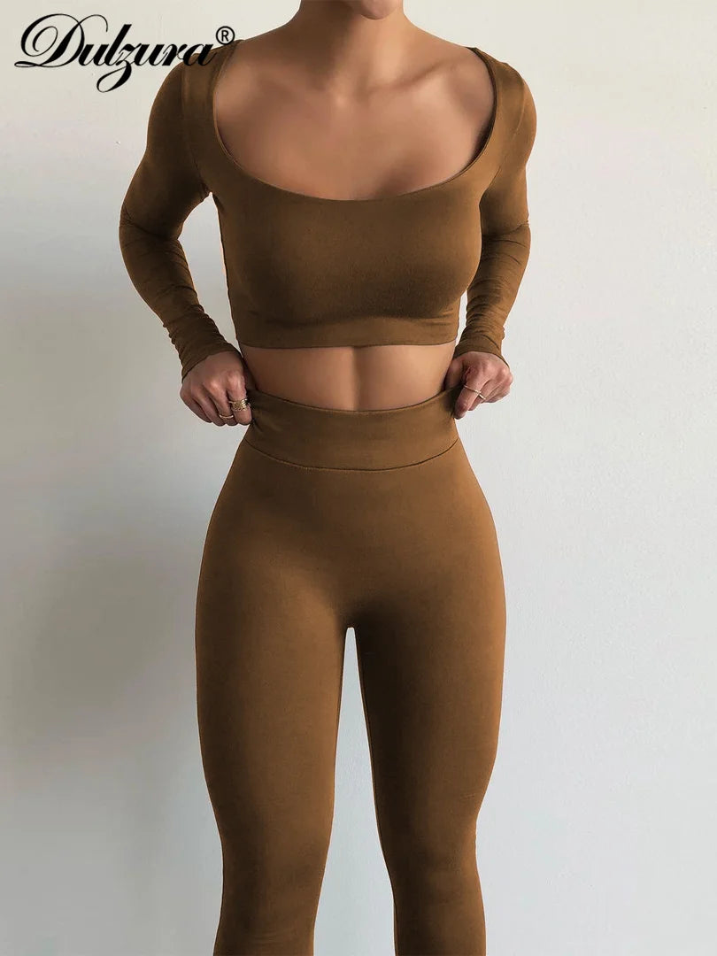 Dulzura Pure Solid Matching Suit Villus Crop Top Long Pants Sexy Y2K 2023 Autumn For Women Co Ords Set Sheath Wholesale Sexy Beaded Sequined Faux Fur