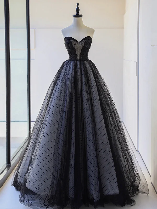 Black Strapless Tulle Lace Long Prom Dress, Black A-Line Sweetheart Neck Evening Party Dress Tunics Practical easy-care
