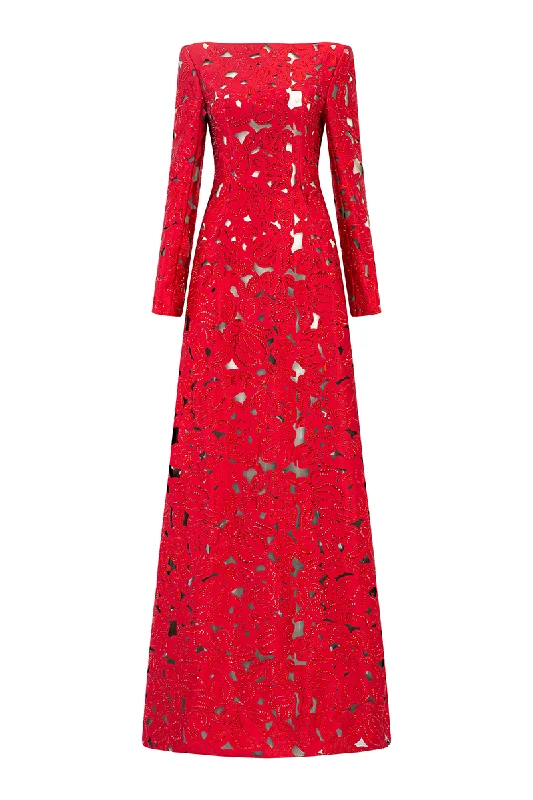 LONG SLEEVES BOAT NECK FLORAL LASERCUT DRESS Tunics stripes playful