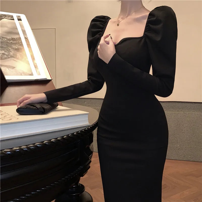 Yipinpay Mermaid Black Long Dress Women Korean One Piece Vintage Gothic Evening Party Dress Autumn Casual Hepburn Slim Dress 2023 Tunics Plaid country
