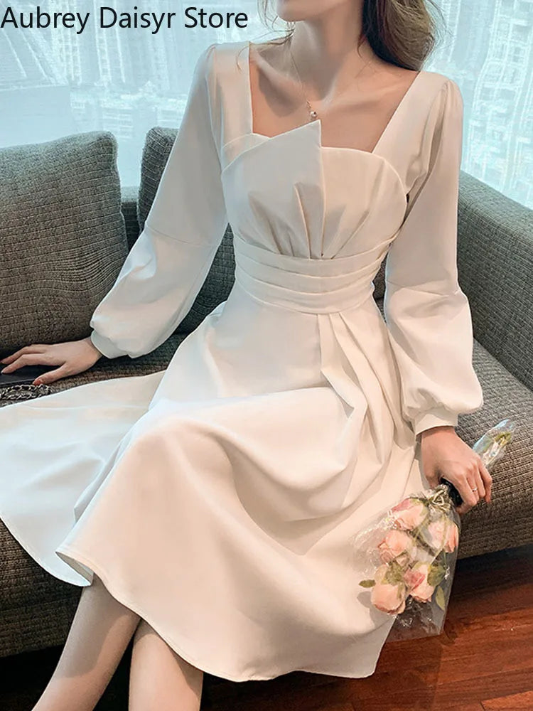 Yipinpay Chic Black Long Dress Women Vintage Slim Folds Design Evening Party Dress Female Autumn One Piece Casual White Dress Tunics Silk luxurious