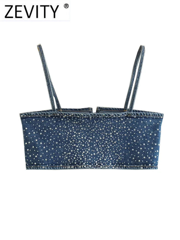 Zevity Women Sexy Hot Drilling Denim Short Sling Blouse Female Back Buckle Strap Blusas Chic Crop Tops LS3151 Polka Dot Checkered Tartan