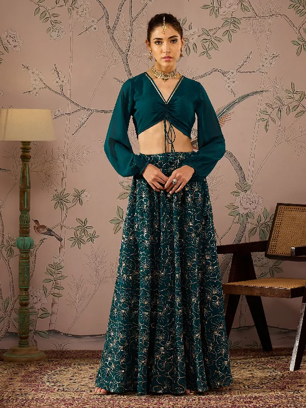 Women Teal Solid Crop Top With Sequins Anarkali Skirt Rayon Fabric Velvet Fabric Corduroy Fabric