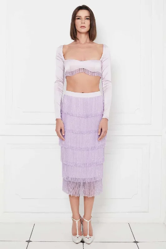 Ariana Crystal Tassels Silk Satin Crop Top in Lilac Welt Pockets Slit Pockets Flap Pockets