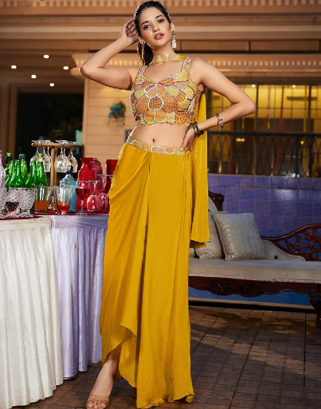 Magnificent Mustard Designer Embroidered Sequin Crop Top with Drape Skirt & Dupatta Spandex Blend Rayon Blend Denim Blend
