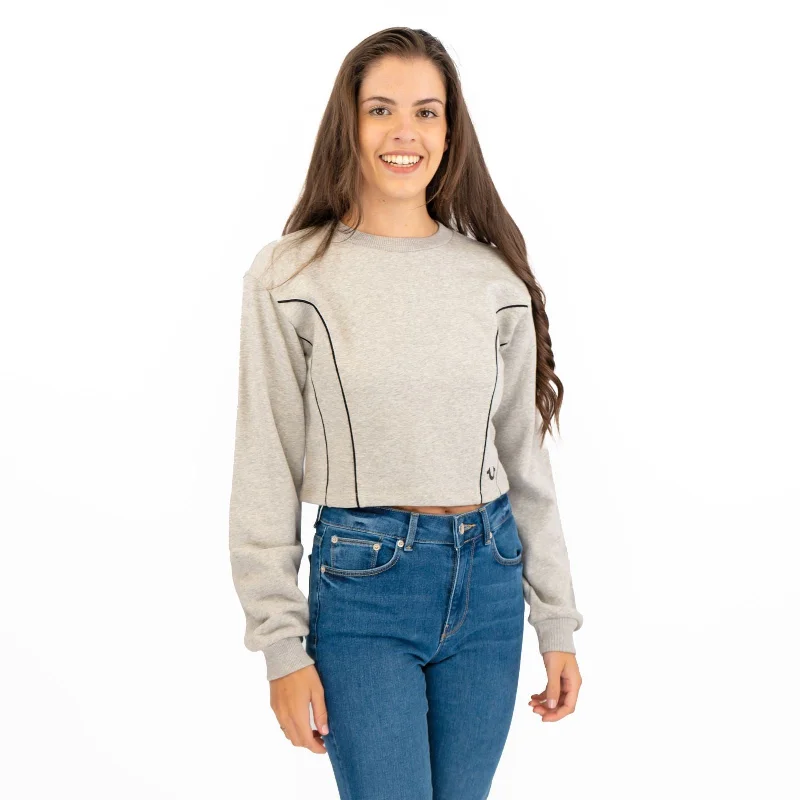 True Religion Grey Soft Cotton Sweatshirt Long Sleeve Crop Tops Graphic Embroidered Appliqued