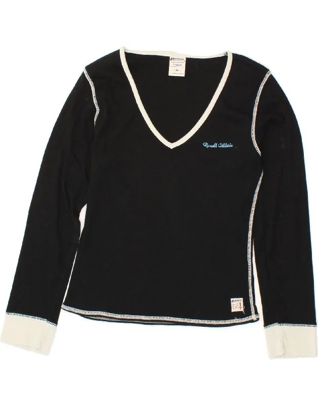 RUSSELL ATHLETIC Womens Crop Top Long Sleeve UK 10 Small Black Cotton Ribbed Striped Patterned