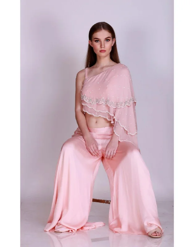 Label Nayna Kapoor's Rent Pearl Embroidered One Shoulder Layered Crop Top With Palazzo Faux Fur Fabric Real Fur Fabric Shearling Fabric