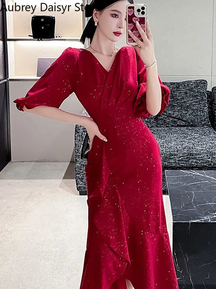 Yipinpay Midi Red Mermaid Dress Women Autumn Korean Sexy V-neck Irregular Sequins Dress Vintage Casual Evening Party Dress 2023 Tunics stripes playful