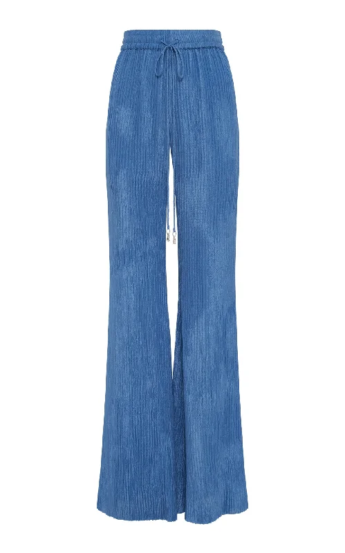 Claude Flare Pant in Sky Plisse Silk Casual Wide Pants