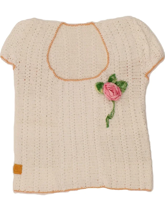 VINTAGE Womens Knit Crop Top UK 4 XS White Floral Houndstooth Herringbone Solid