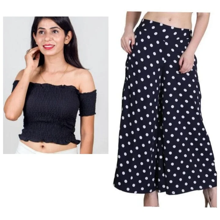 Palazzo & Crop Top Blue Colour Crepe Palazzo with inner lined & Tube Smoking Top Polka Dot Checkered Tartan