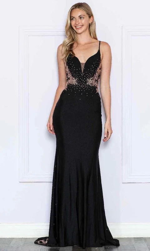 Poly USA 9274 - Plunging Jeweled Prom Dress Floral Print girly
