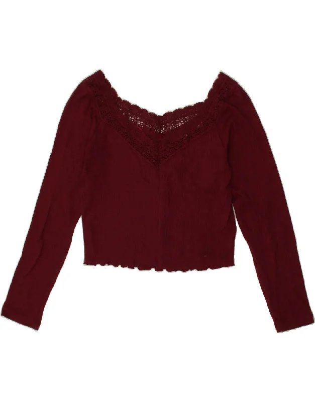 SUPERDRY Womens Crop Top UK 14 Medium  Burgundy Cotton Collared Crew Neck Turtle Neck