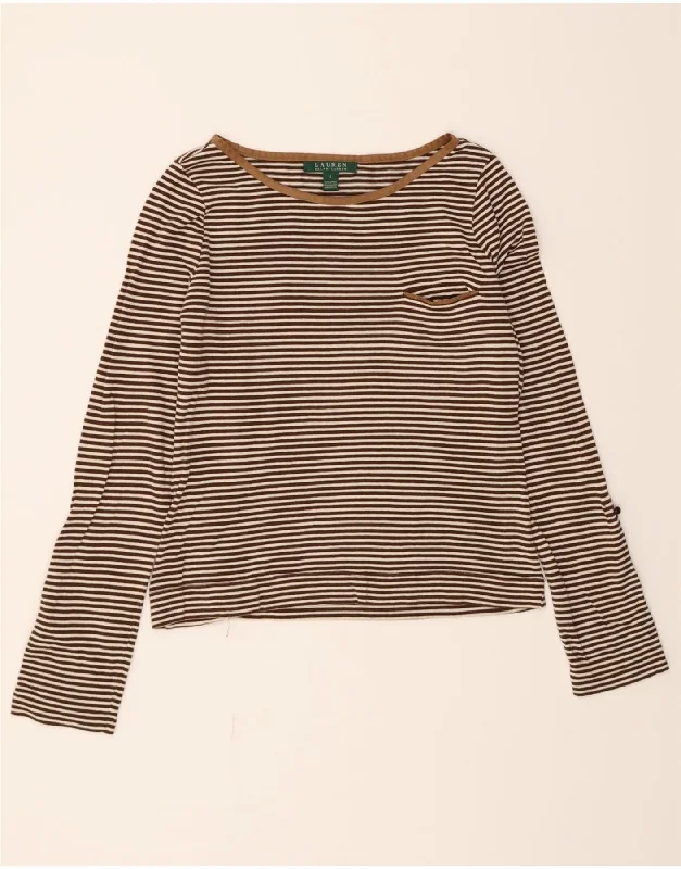 RALPH LAUREN Womens Crop Top Long Sleeve UK 10 Small Brown Striped Cotton Hooded Caped Shawl Collar