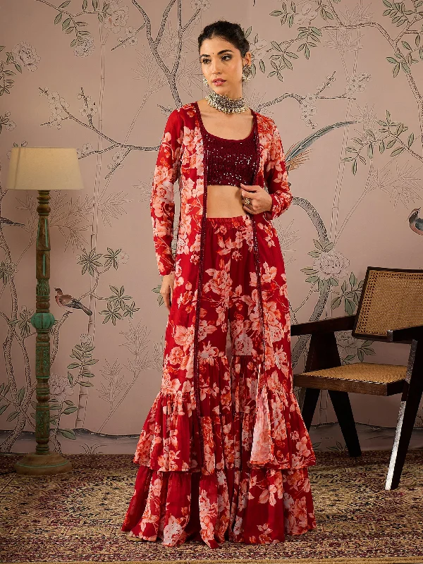 Women Maroon Sequins Crop Top With Floral Sharara And Shrug Zippered Front Buttoned Front Snap Front