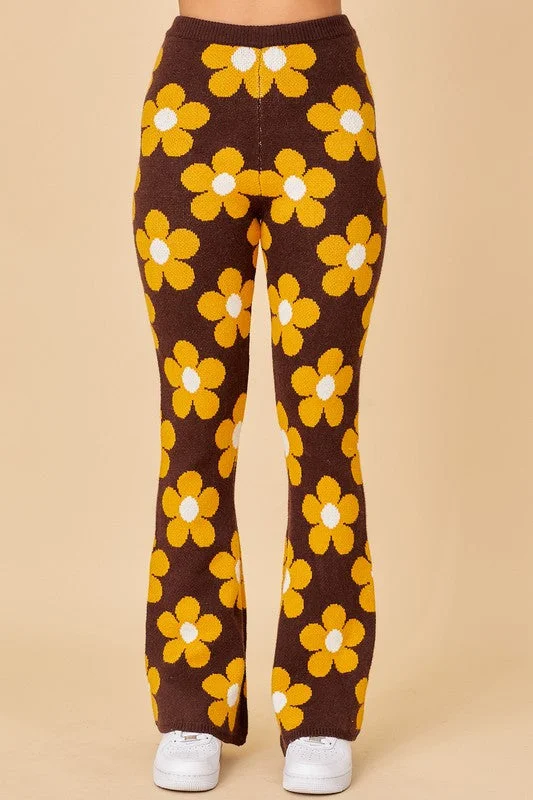 Living The Life Brown Daisy Print Knit Flare Pants Chic Wool Trousers